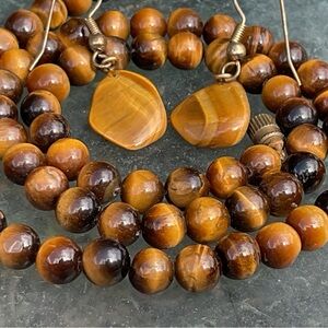 VTG Tiger's Eye Necklace & Earrings Jewelry Set, Goldbrown Beads, Barrel Clasp